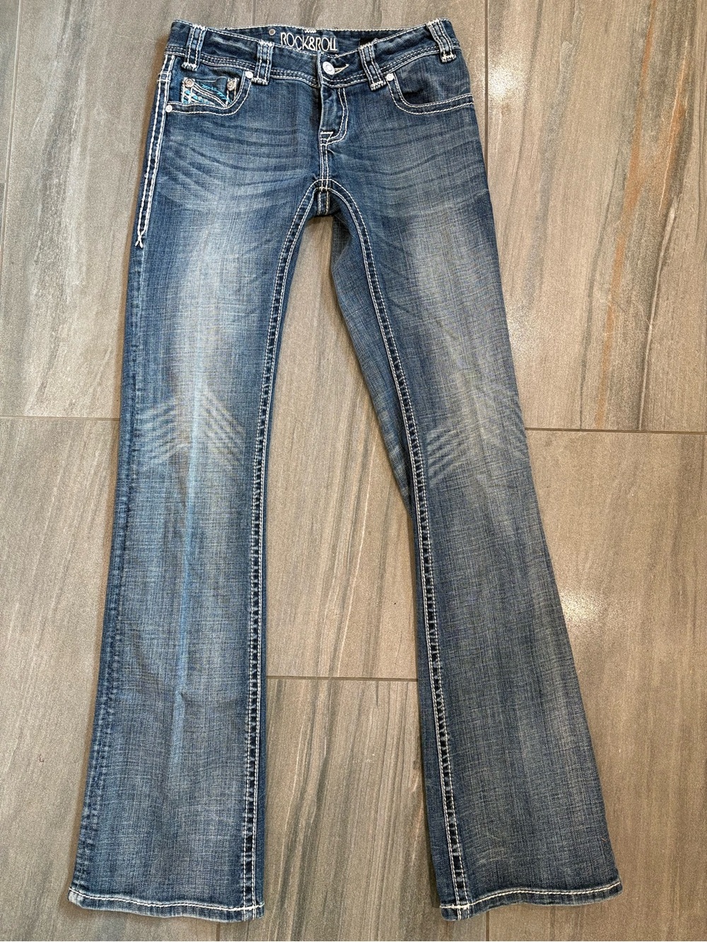 Y2K Style Rock & Roll Cowgirl Low Rise Bootcut Blue Jeans Rhinestone Denim 26